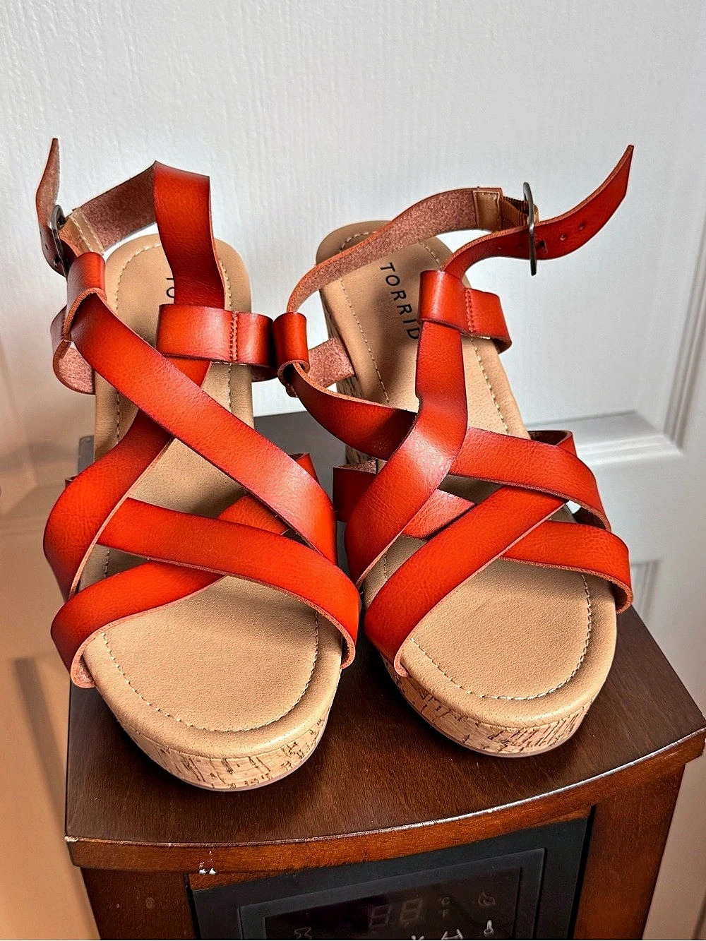 Torrid Cork Wedge Sandal Strappy Wedges Orange & Brown US 8